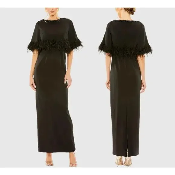 Mac Duggal Women's Quarter Sleeve Crystal Neck Feather Gown Black Size 12 NWT - Picture 2 of 9